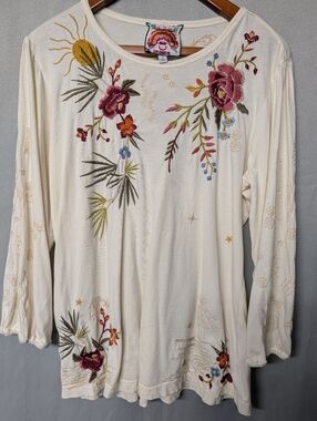 Johnny Was Cream Long Sleeve Blouse with Colorful Floral  Embroidery Size M